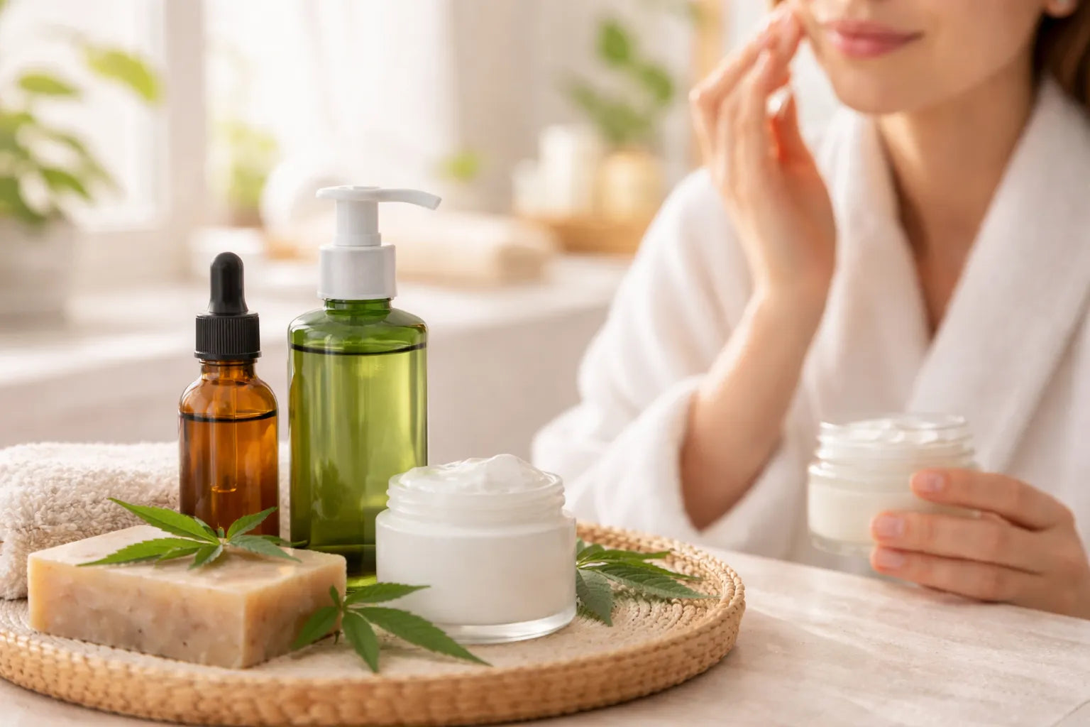 Routine visage du matin avec soin naturel et produits de soin sur table de salle de bain