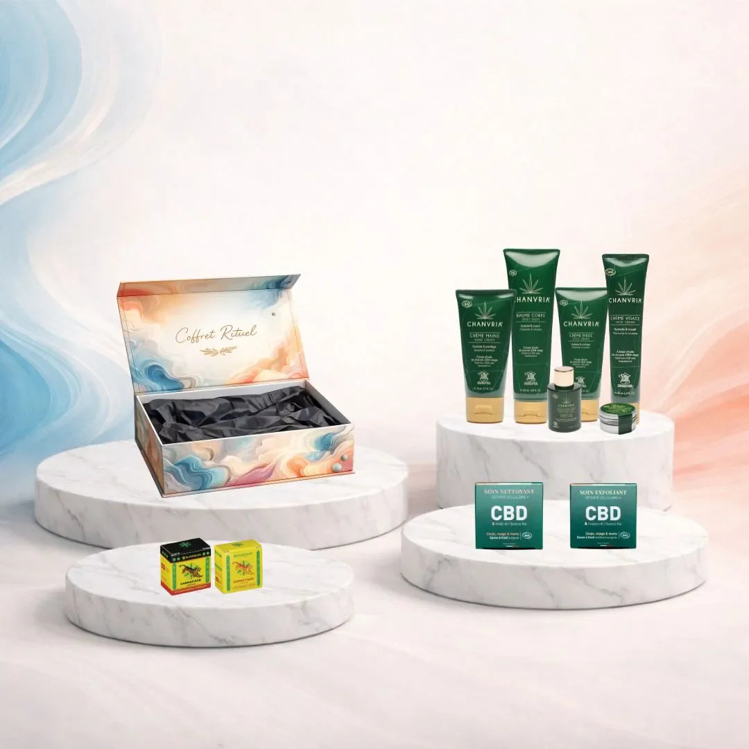 Coffrets de soins au chanvre bio Sabulle réunissant plusieurs produits pour une routine complète visage, corps et bien-être.