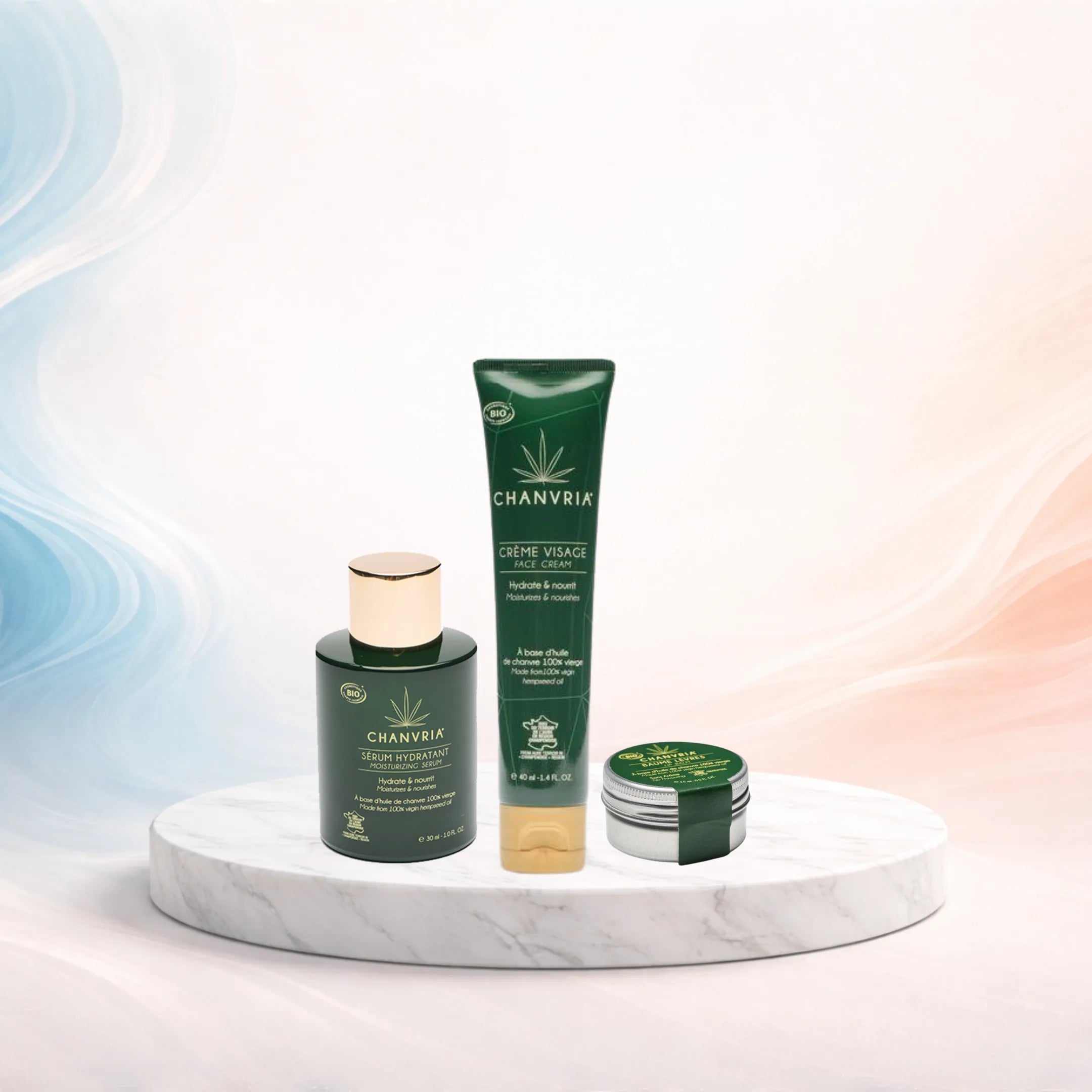 Soins visage au chanvre bio Sabulle comprenant sérum, crème visage et baume lèvres pour hydrater et protéger la peau.