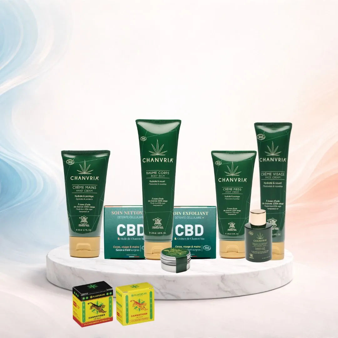 Collection complète de soins cosmétiques naturels au chanvre bio Sabulle pour le visage, le corps et le bien-être quotidien.