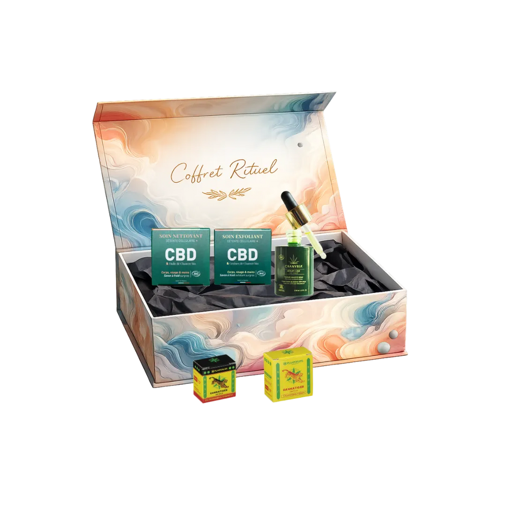 coffret rituel CHANVRE avec savon CHANVRE serum hydratant chanvre et baume massage cannatiger pour detente et hydratation