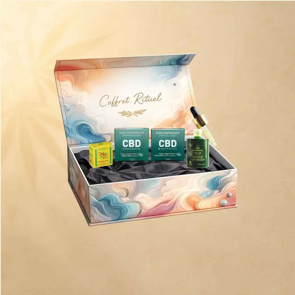 coffret rituel CHANVRE avec savon nettoyant CHANVRE savon exfoliant CHANVRE serum hydratant chanvria et baume massage CHANVRE cannatiger neutre