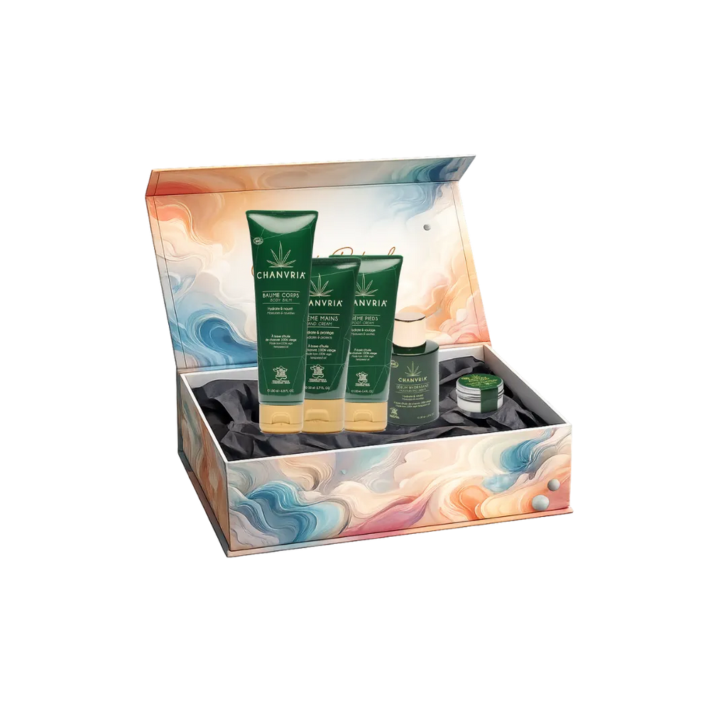 coffret soins chanvre bio routine complete visage corps et levres pour hydrater nourrir et proteger la peau
